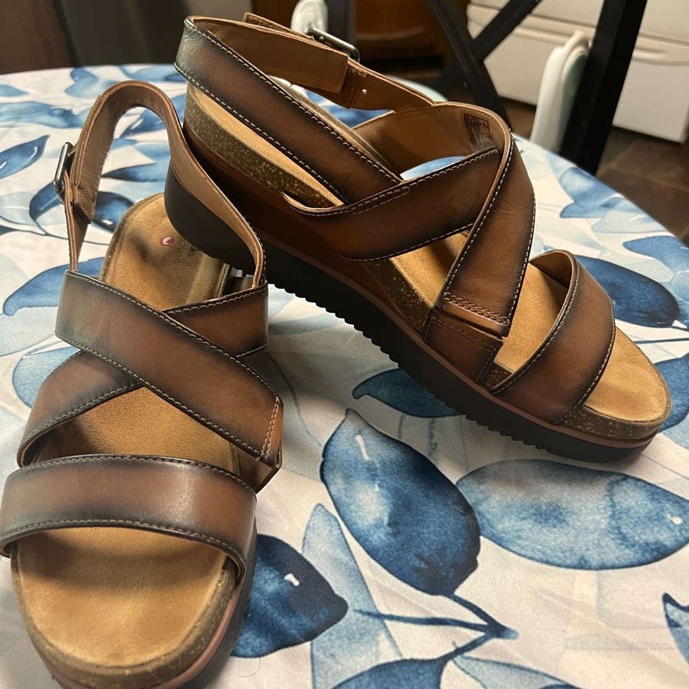 Clarks Brown Leather Sandals with Crisscross Straps